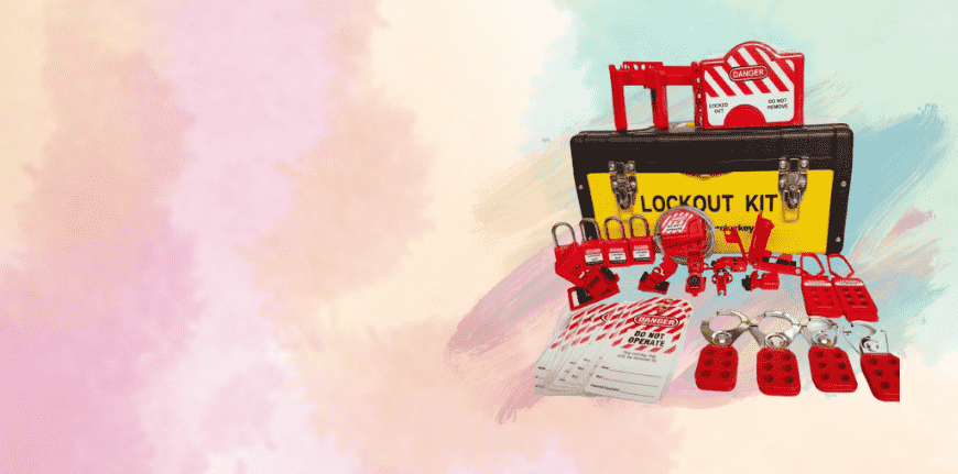 Lockout kit lengkap dengan gembok, hasp, dan tag safety